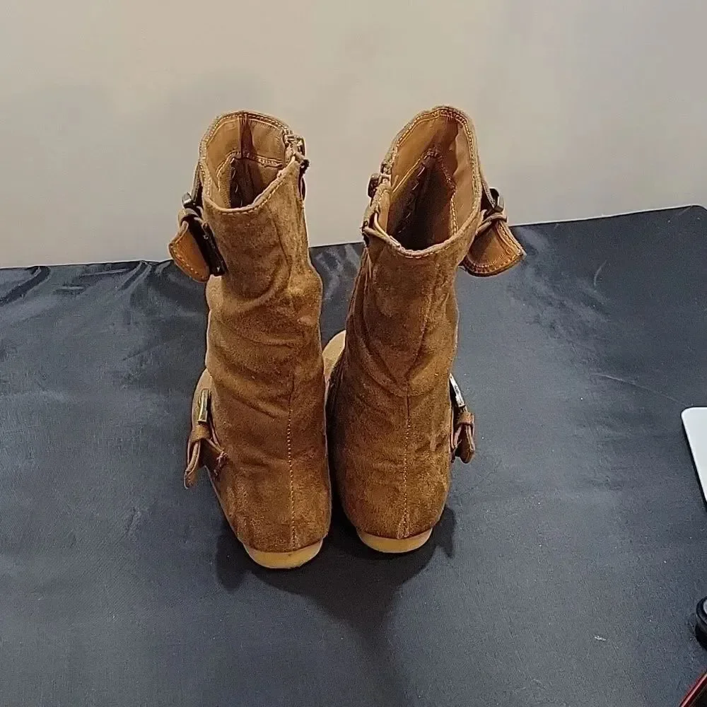 LINK ZIPPER BUCKLE SLOUCH CASUAL FLAT HEEL MID CALF ROUND TOE BOOTIES